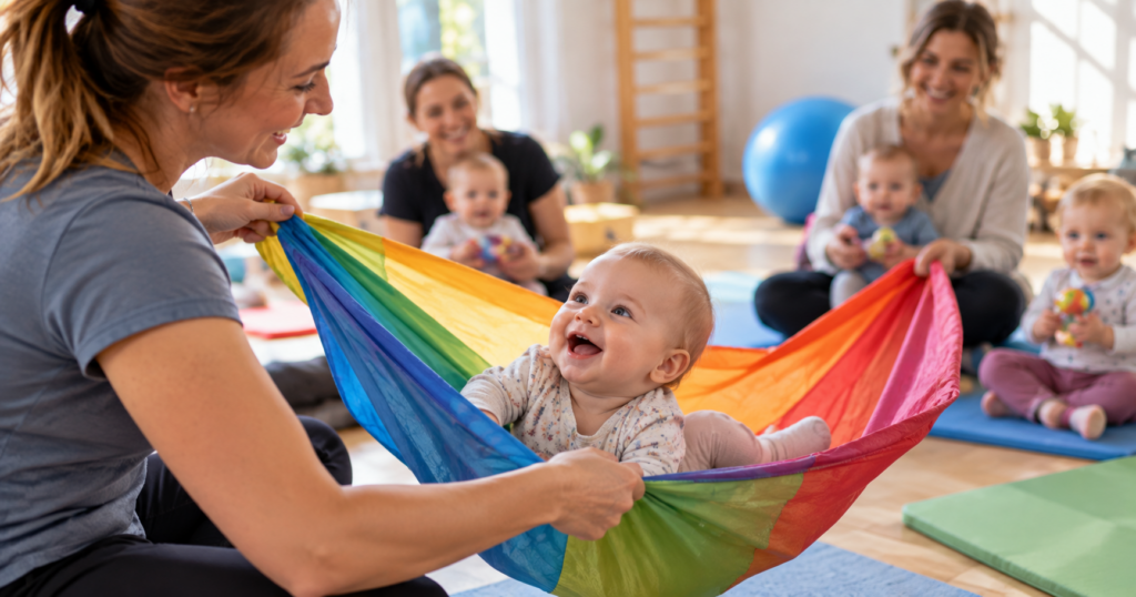 Baby wird lachend in einem bunten Tuch geschaukelt, weitere Eltern-Baby-Paare im Hintergrund