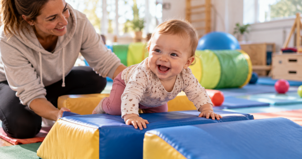 Baby krabbelt lachend über ein blau-gelbes Schaumstoffhindernis, Mutter sichert daneben