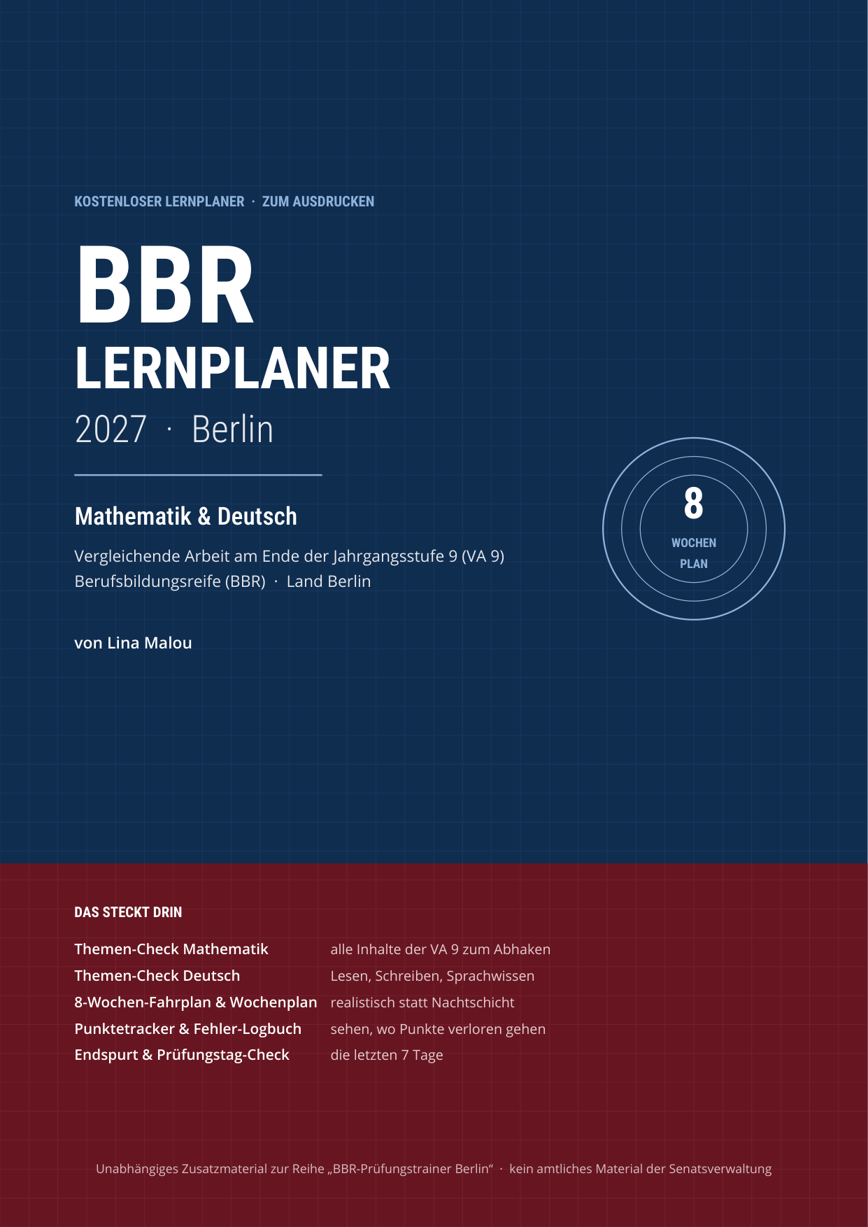 Cover: Kostenloser BBR-Lernplaner, 8-Wochen-Plan, Mathematik und Deutsch
