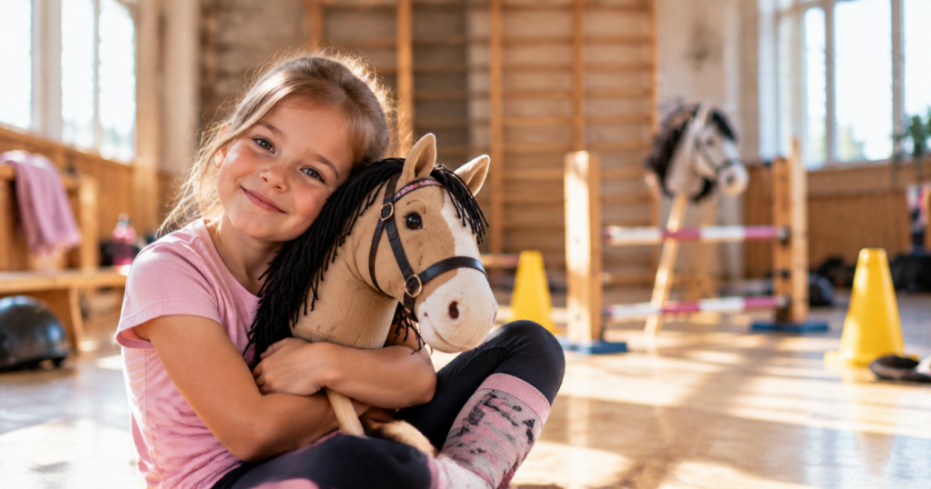 Mädchen umarmt liebevoll ihr eigenes Hobby Horse in der Sporthalle