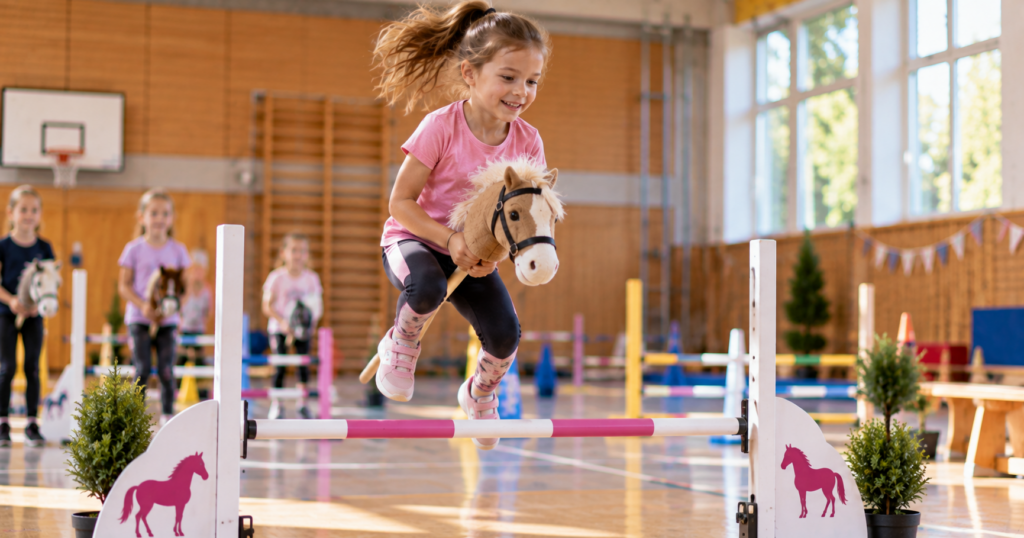 Mädchen springt mit ihrem Hobby Horse über eine Sprungstange im Parcours
