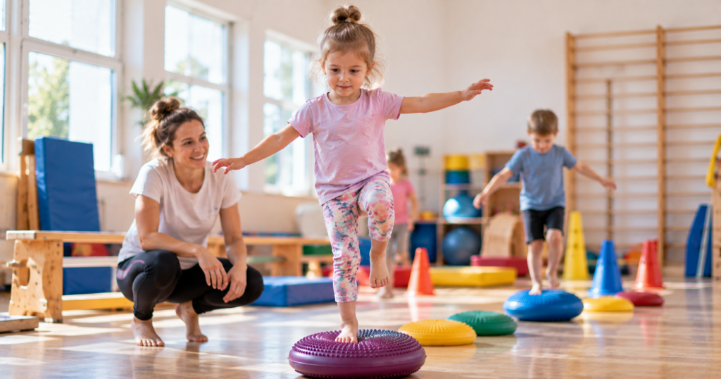 Kind balanciert konzentriert auf einem Bein auf einem Balance-Kissen