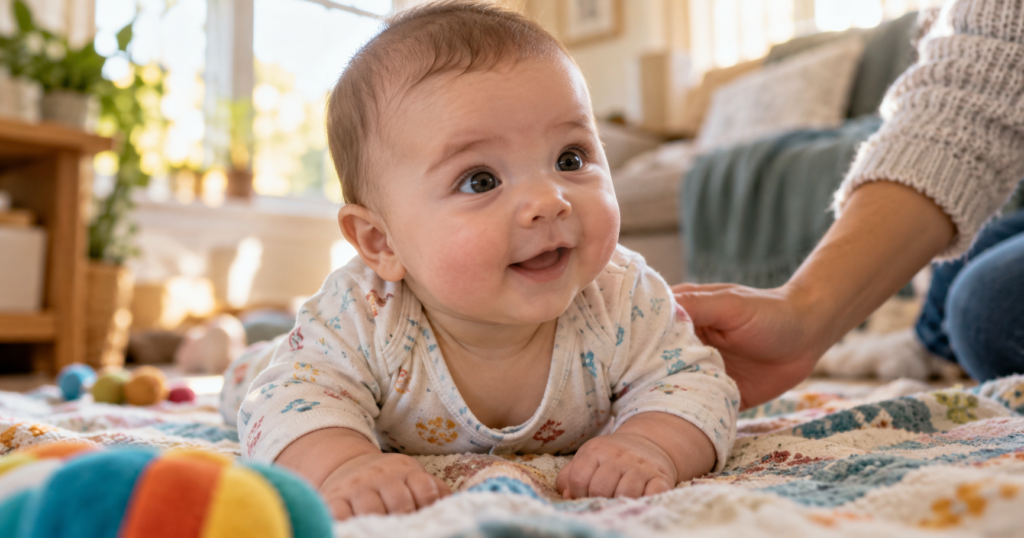 Junges Baby liegt auf dem Bauch und stützt sich neugierig hoch, Elternhand daneben
