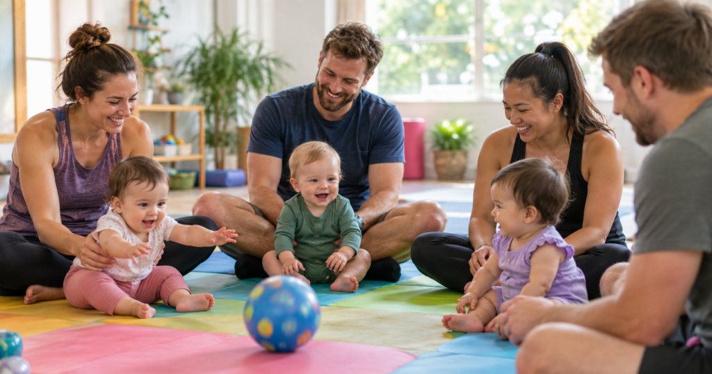 Eltern und Babys sitzen im Kreis auf bunten Matten, ein Ball rollt in die Mitte