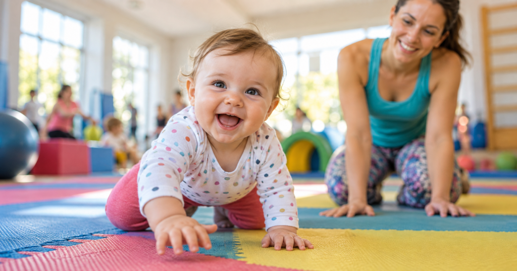 Baby krabbelt lachend über bunte Bodenmatte in der Krabbelgruppe, Mutter turnt daneben