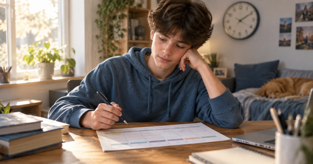 Schüler plant seinen Lernplan mit Wochenplaner am Schreibtisch